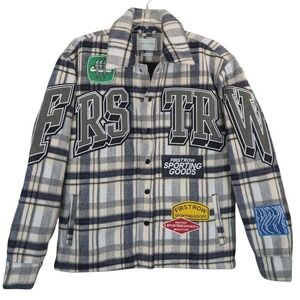 First Row Sporting Logo Multi Patch Jacket Button Up Flannel‎ Mens Medium